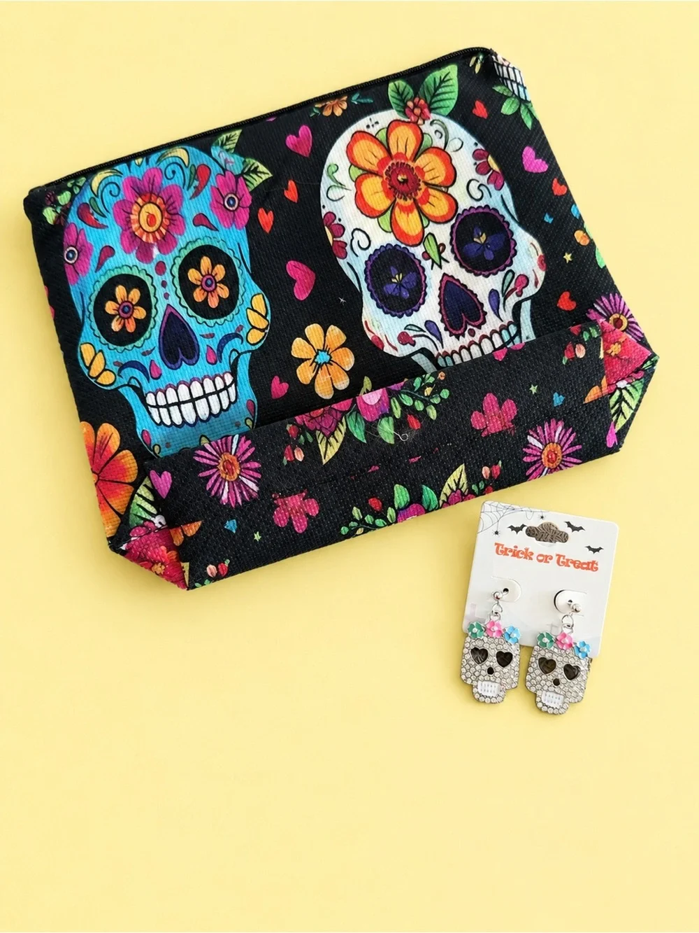 Sugar Skull Makeup Bag + Matching Rhinestone Earrings Set
